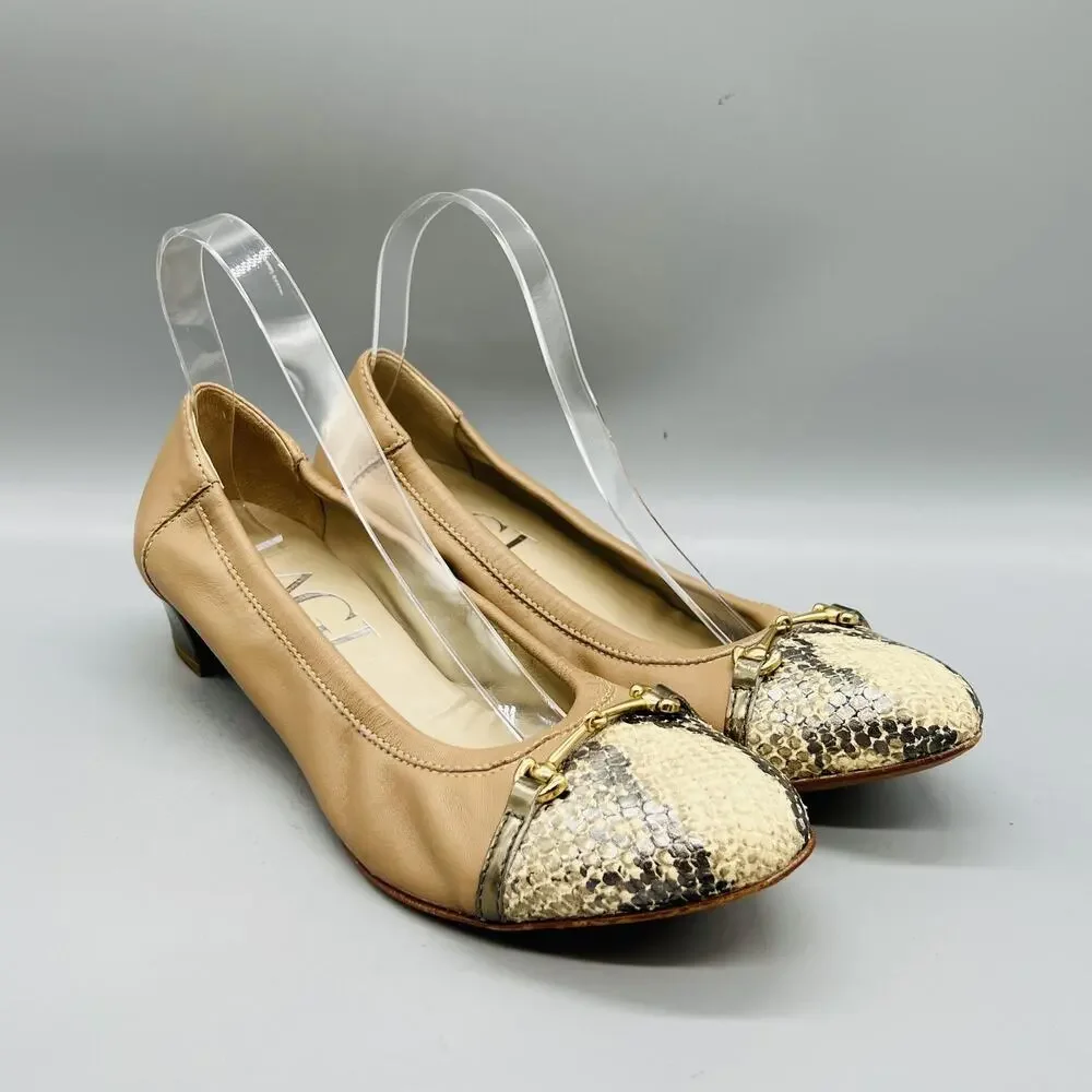 AGL Shoes Womens 10.5 Beige Leather Snake Cap Toe Gold Bit Flats Slip On Casual